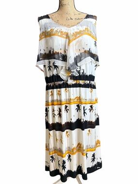 Style & Co.  Women’s White Palm-Print Ruffle Midi Dress - Yellow & Black size 1X